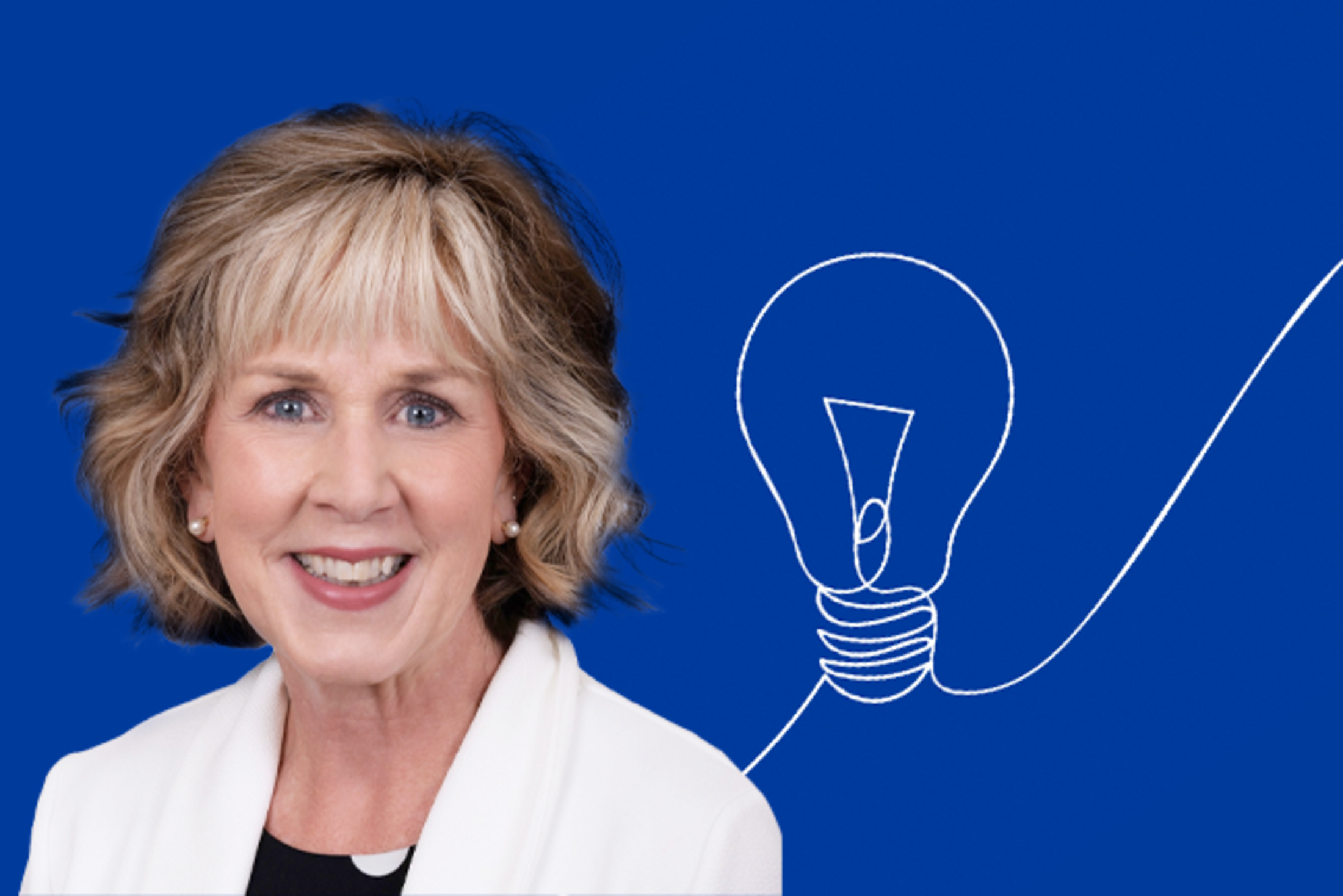 Dr. Theresa Stephens on blue background with line drawing of light bulb