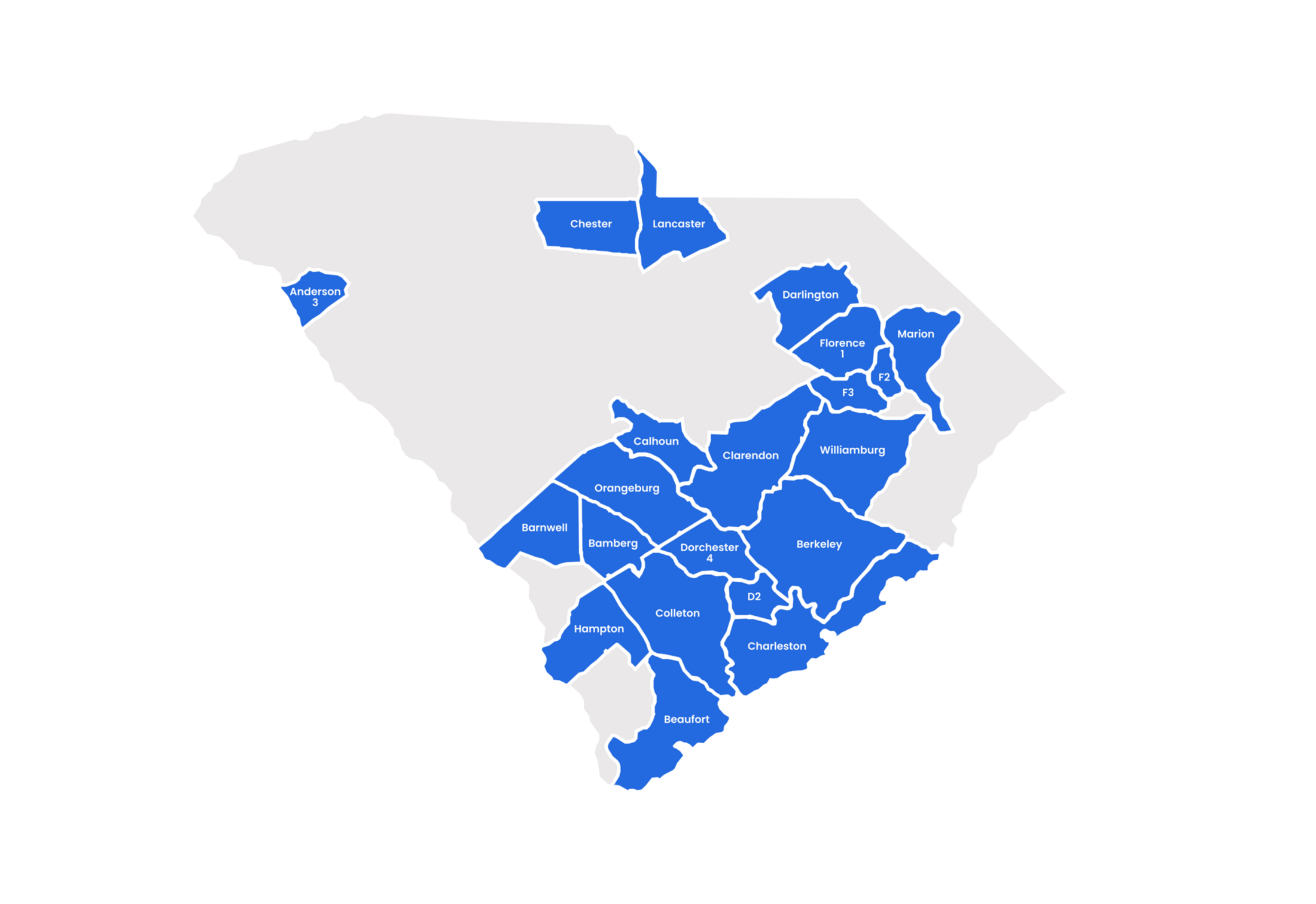 Boeing Wellness participating school districts map showing participating counties in dark blue: Anderson, Chester, Lancaster, Darlington, Florence, Marion, Calhoun, Clarendon, Williamsburg, Orangeburg, Barnwell, Bamberg, Dorchester, Berkeley, Hampton, Colleton, Charleston, Beaufort