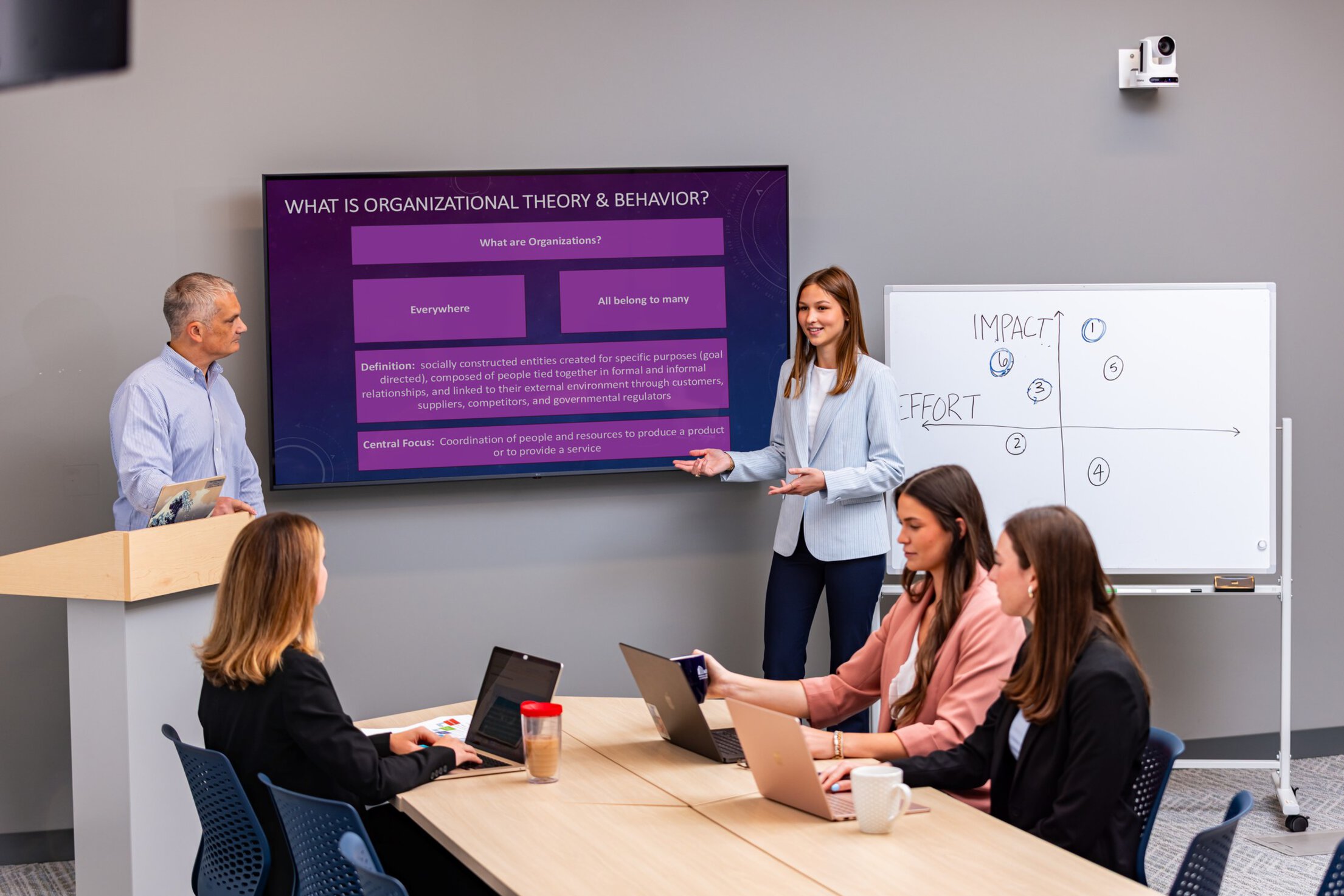 Four women in a classroom with one male teacher. One student stands to give a presentation.