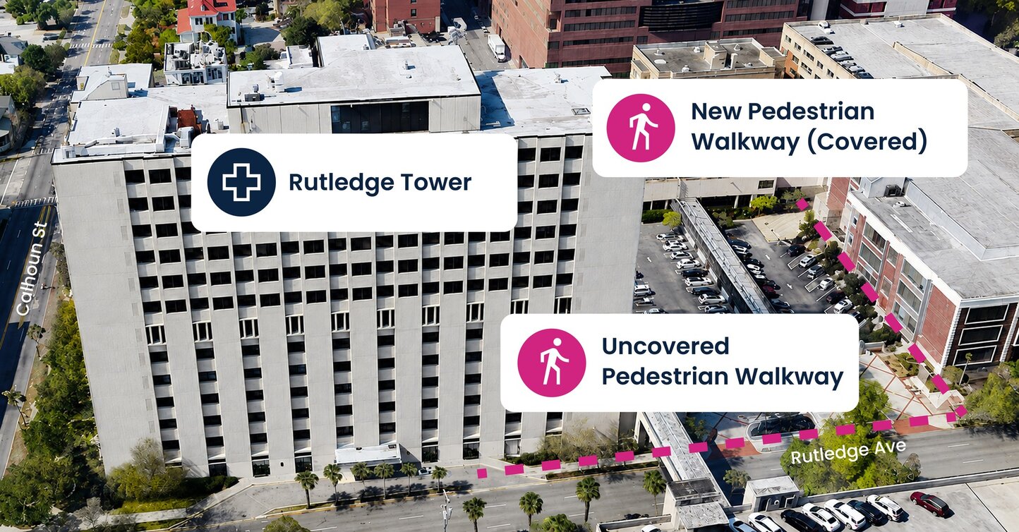 Rutledge Tower construction map of building and new Patient Shuttle Pickup Point at MUSC