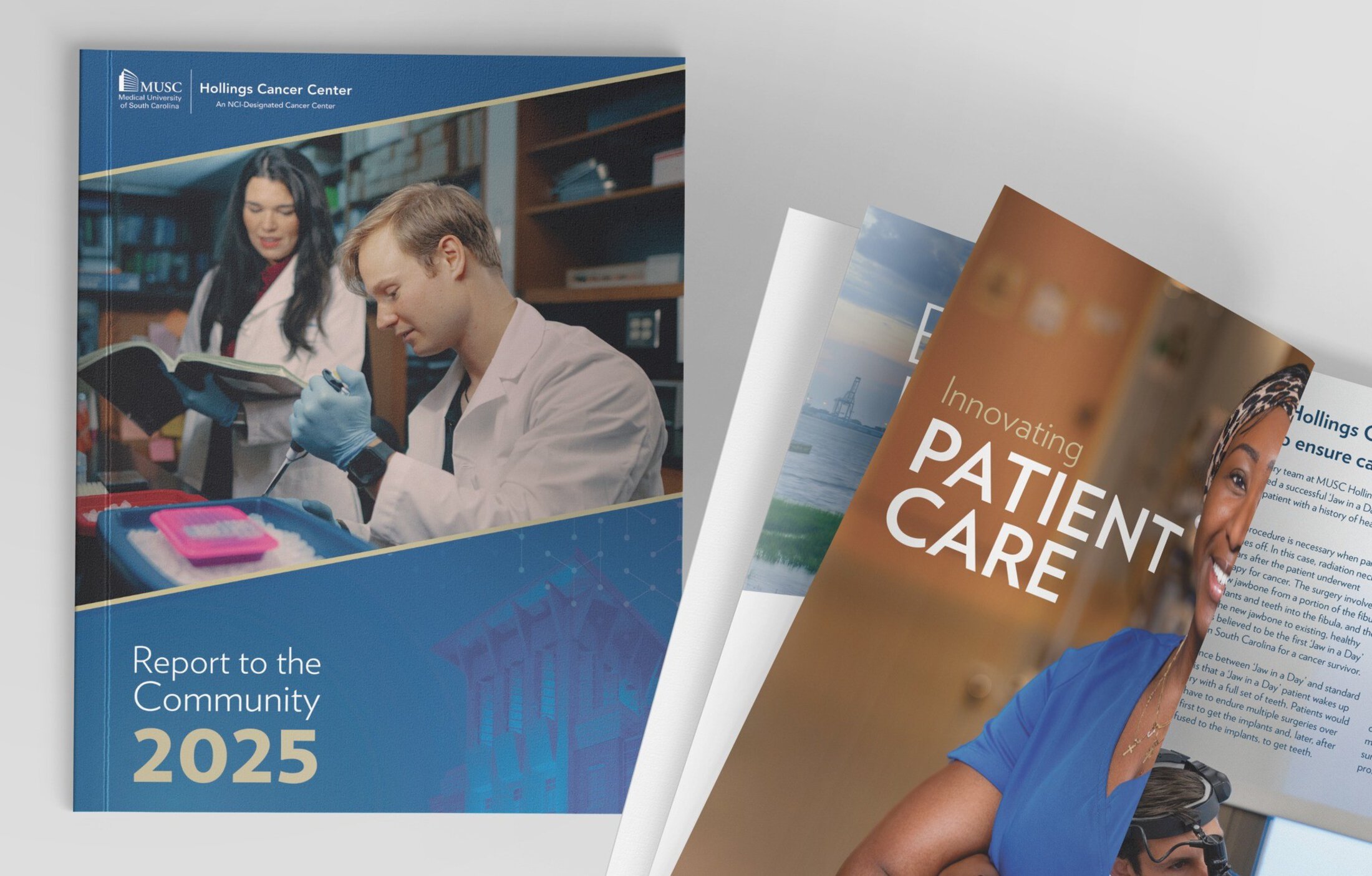 Hollings Report to the Community cover with a man and woman working in a research lab with another report on top of it open to the Innovating patient care spread