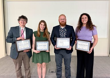 Department of Medicine Research Symposium Podium Presenters Sean Jones, MD PHD, Lindsey Havenga, Brennan Winkler, and Helen Butler, PHD.