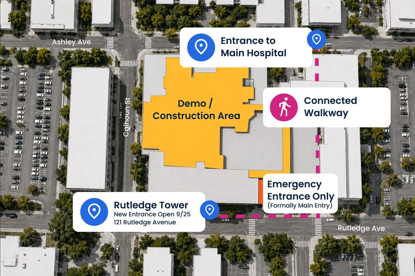 Rutledge Tower construction map of building and new Patient Shuttle Pickup Point at MUSC