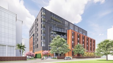 MUSC College of Medicine BAR Street Level NE Corner rendering of new building.
