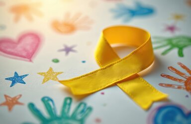 Yellow ribbon lies on paper with children drawings of hearts, stars and handprints. Symbol for childhood cancer awareness and hope for recovery.