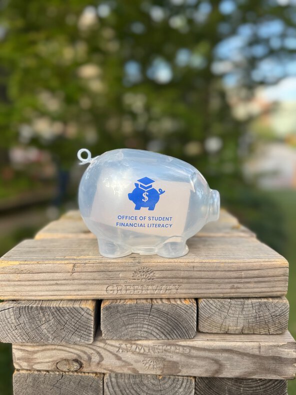 Clear Office of Student Financial Literacy piggy bank sits on stacked wooden blocks outdoors.