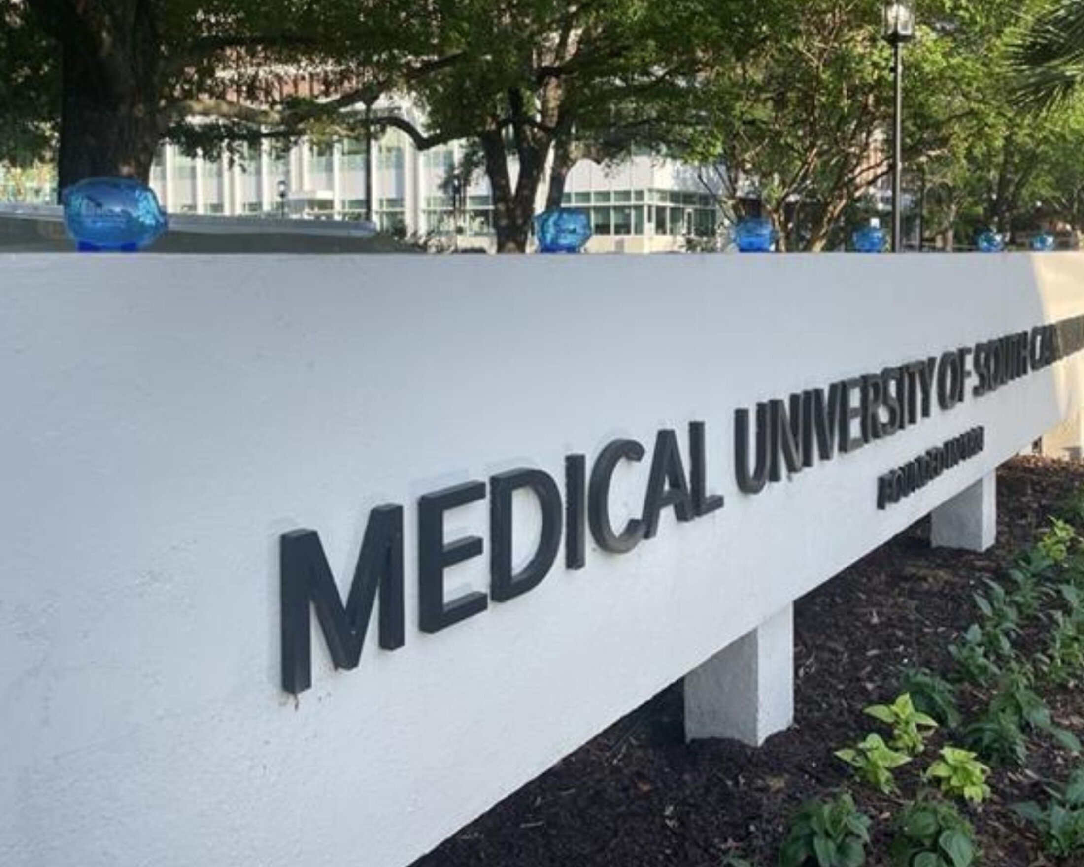 Outdoor MUSC sign with black lettering on a white wall and small blue glass objects on top.