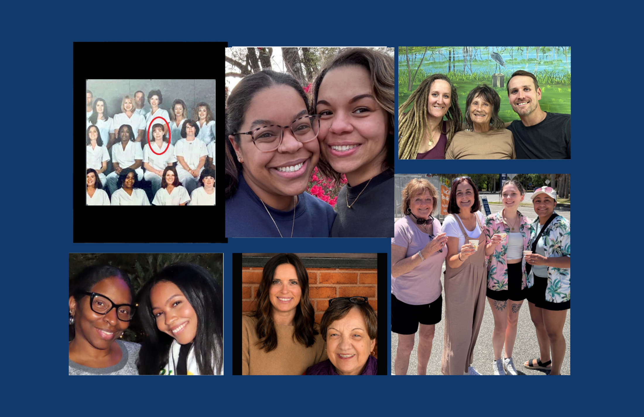 Collage of six photos. Clockwise from upper left: a nursing class photo with one nurse circled in red. Two women lean into each oother and smile. Two women and a man lean in and smile. Four women stand outside holding cups. Two women lean in - one is clearly taller. Two women lean in.