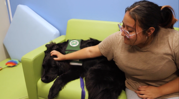 A teen patient having a therapy session with a black lab dog