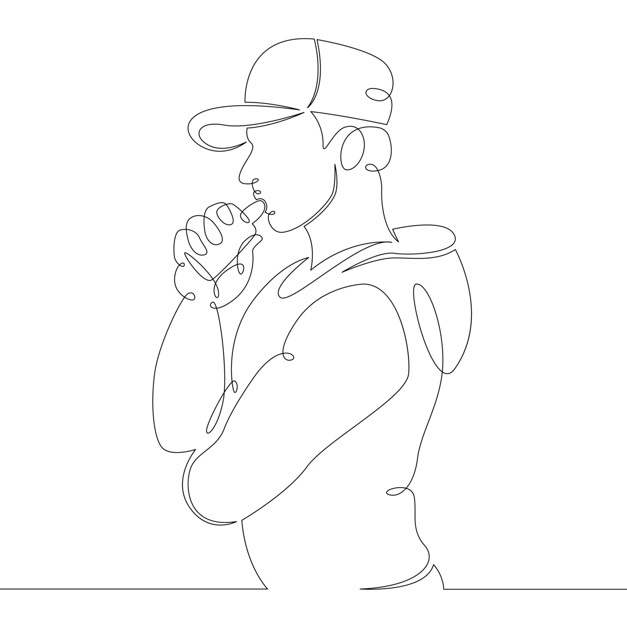 Line drawing of a male in hoodie and baseball cap with an electronic vape to his lips.