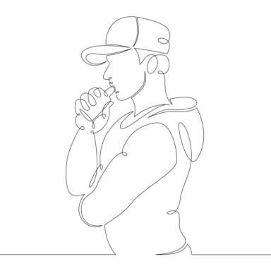 Line drawing of a male in hoodie and baseball cap with an electronic vape to his lips.