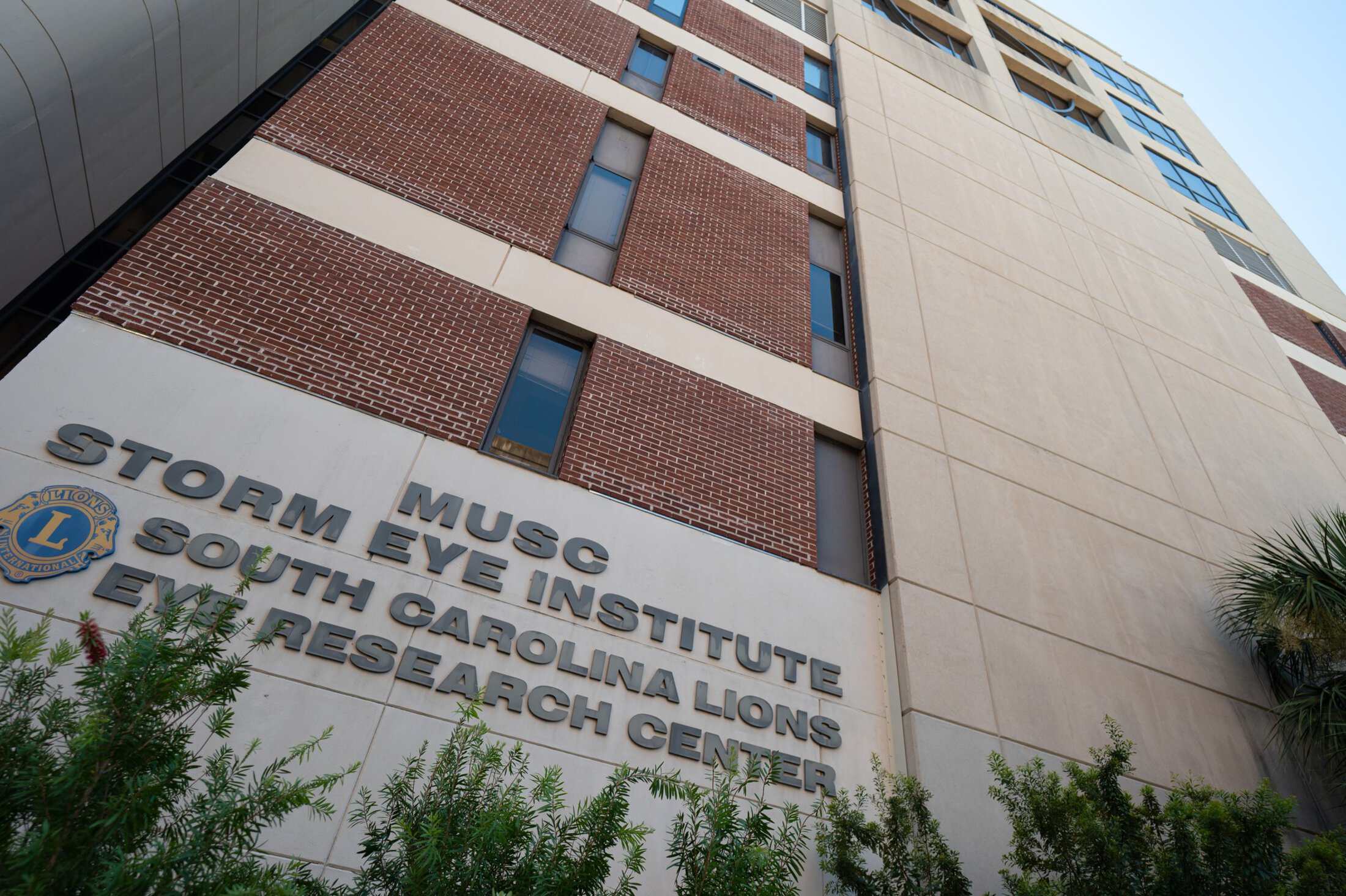 Exterior of red brick building. The words MUSC Storm Eye Institute South Carolina Lions Eye Research Center are toward the bottom