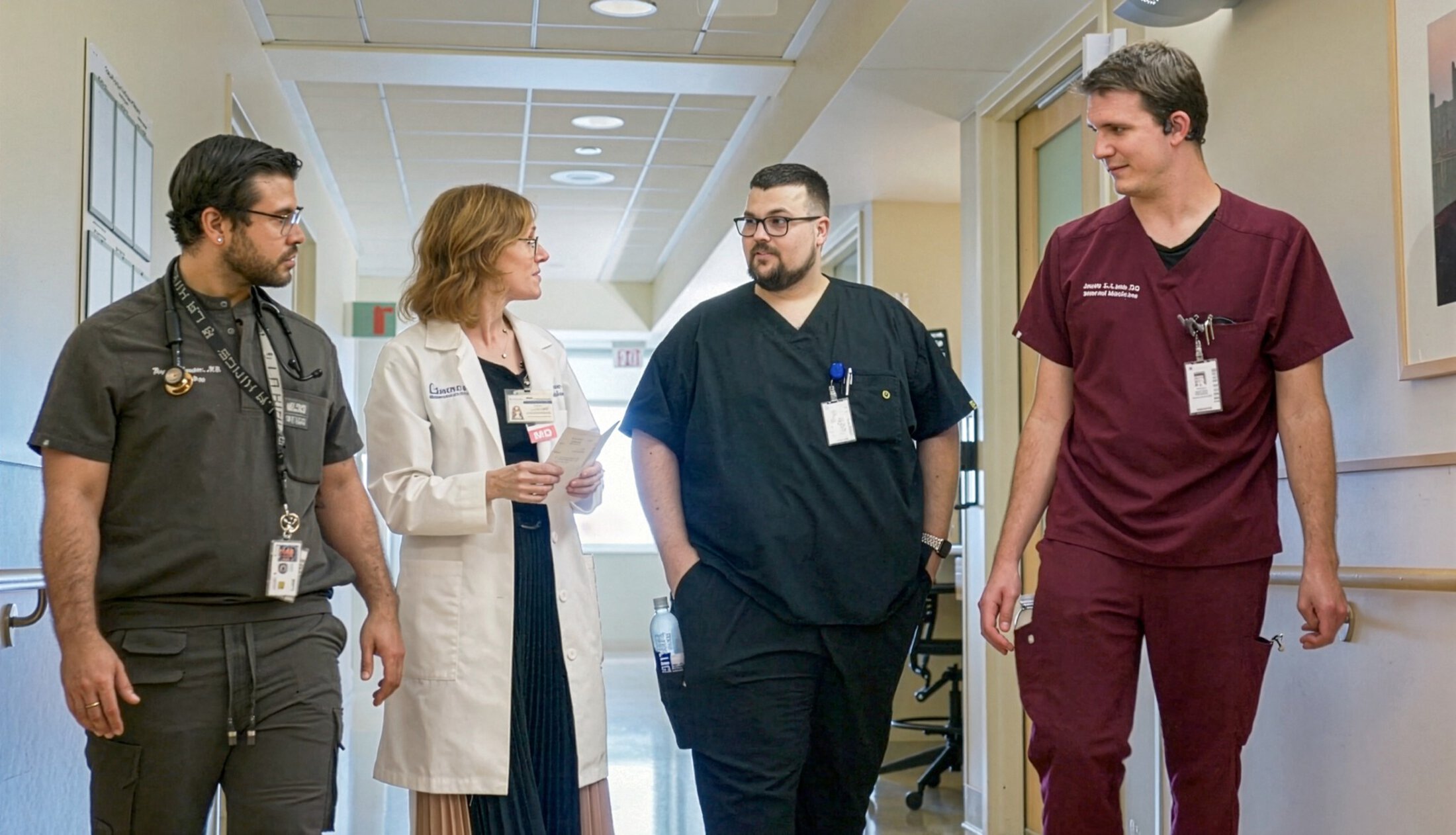 Attending and fellows walking down hallway in hospital