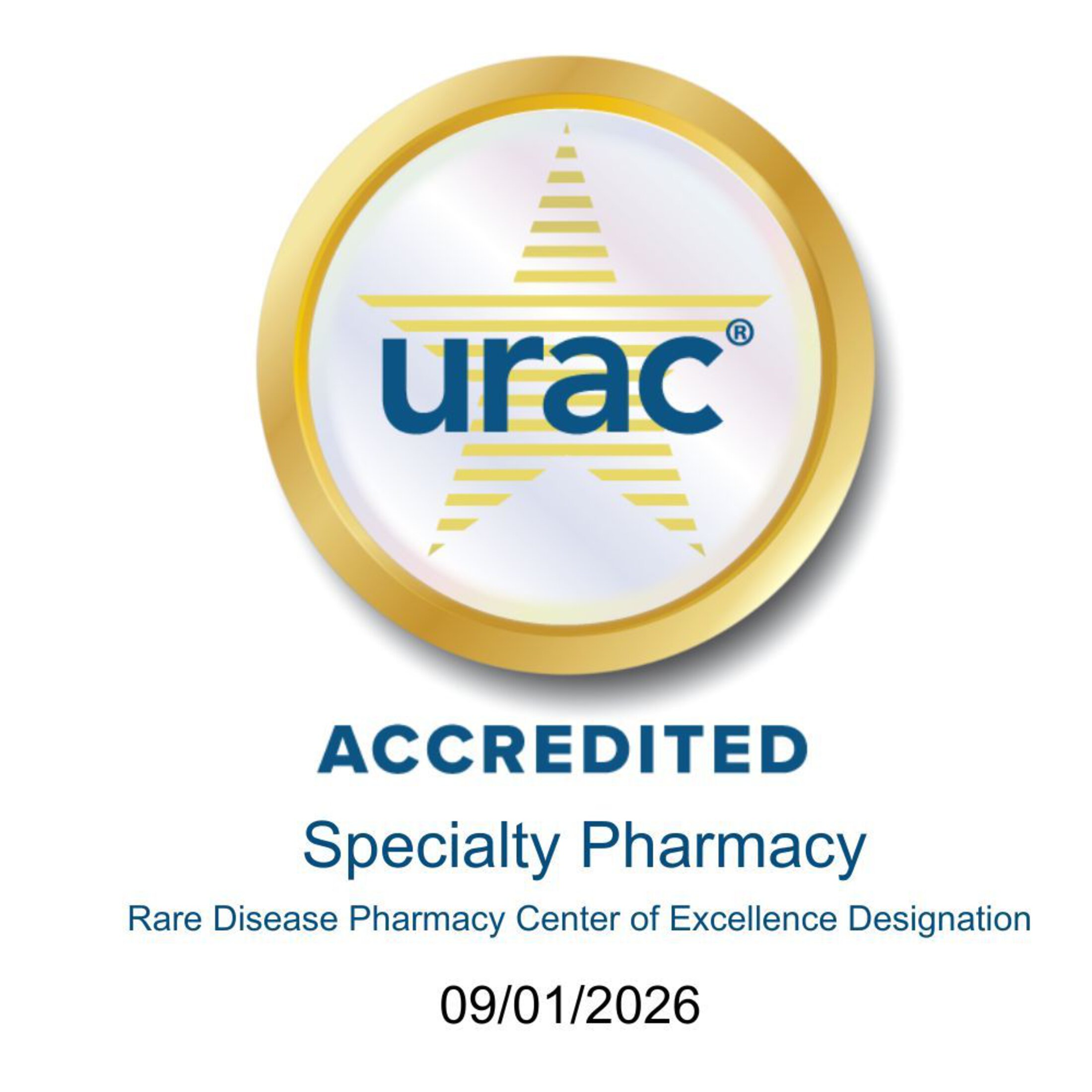 URAC Accredited Specialty Pharmacy badge indicating Rare Disease Pharmacy Center of Excellence designation, valid through September 1, 2026.