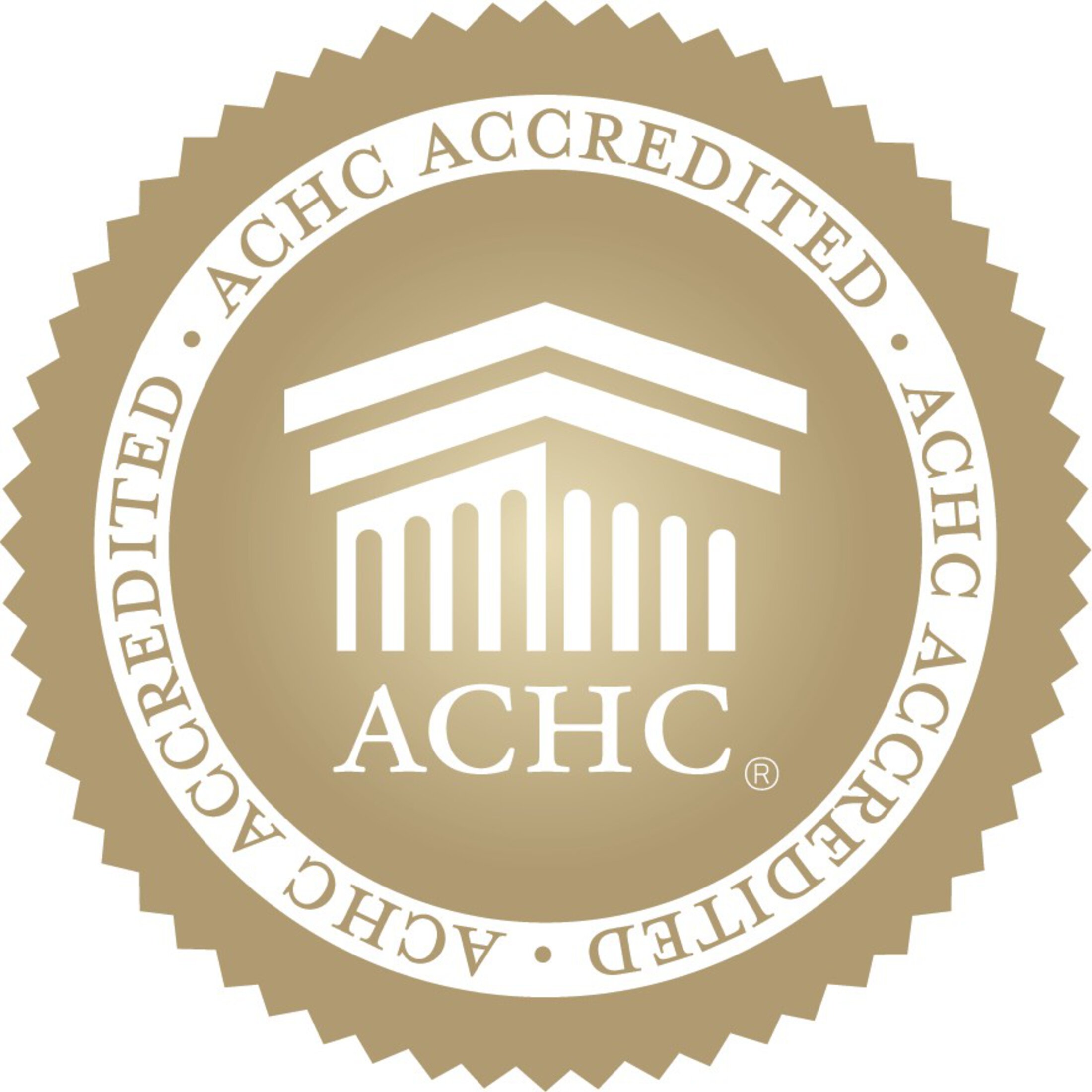 ACHC Gold Seal of Accreditation showing Accredited status with a classical column emblem and circular gold certification design.