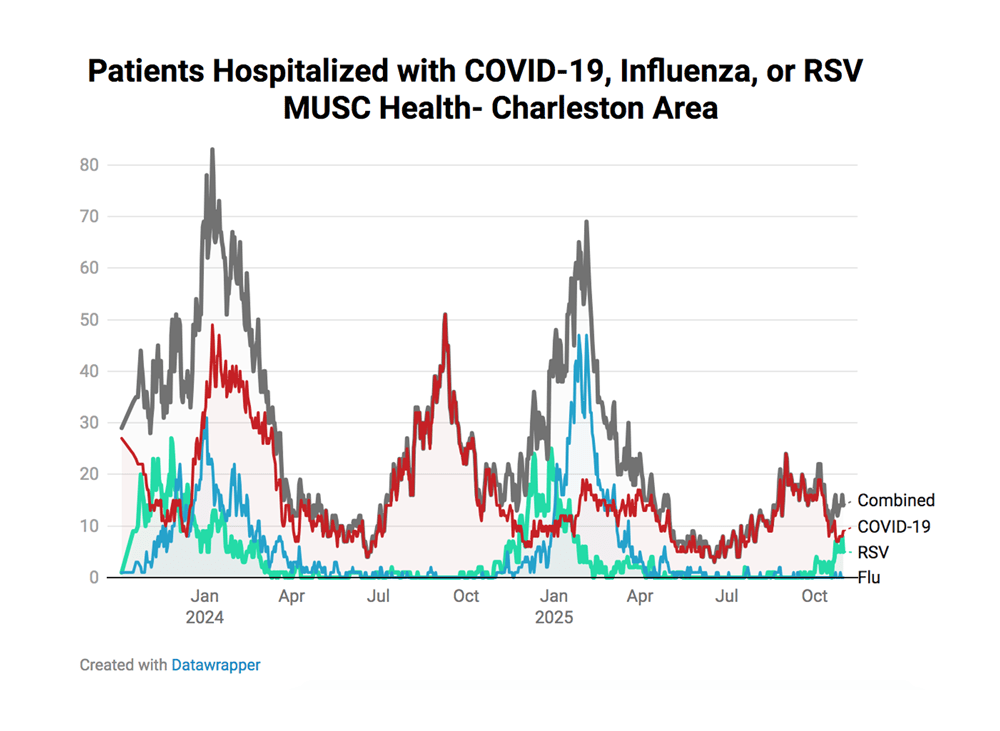 A graph shows the number of patients hospitalized with respiratory illnesses in the Charleston region. Current numbers are relatively moderate.