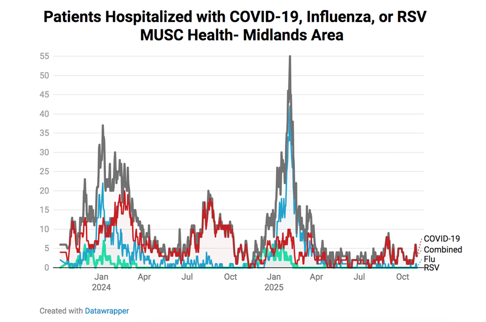 A graph shows the number of patients hospitalized with respiratory illnesses in the Midlands region. Current numbers are relatively low. 