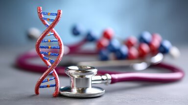 Illustration of a 3D DNA strand next to a stethoscope.