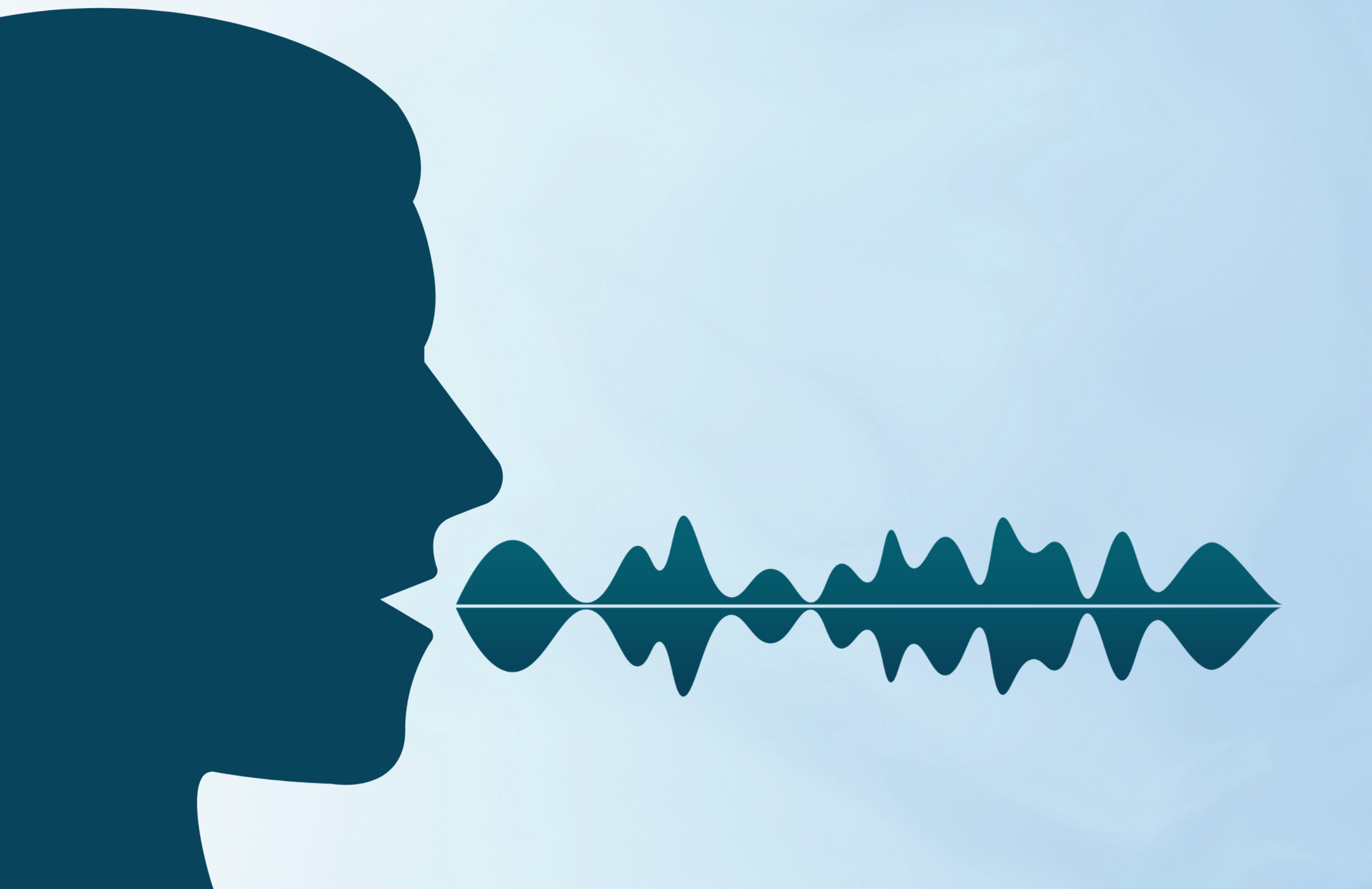 Two dimensional illustration of a person's profile speaking and visual sound waves moving across the image.