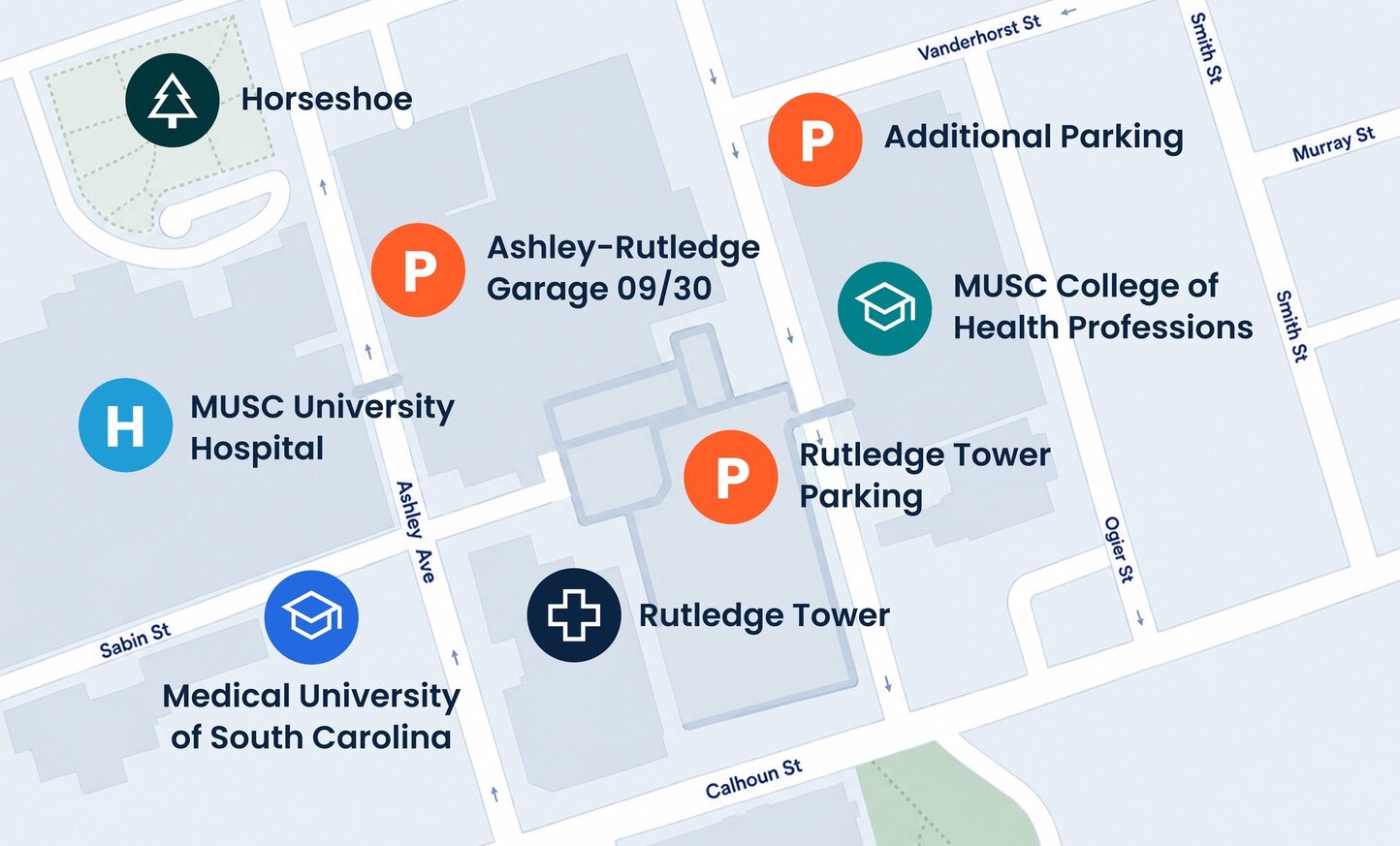 Rutledge Tower construction map of building and new Patient Shuttle Pickup Point at MUSC