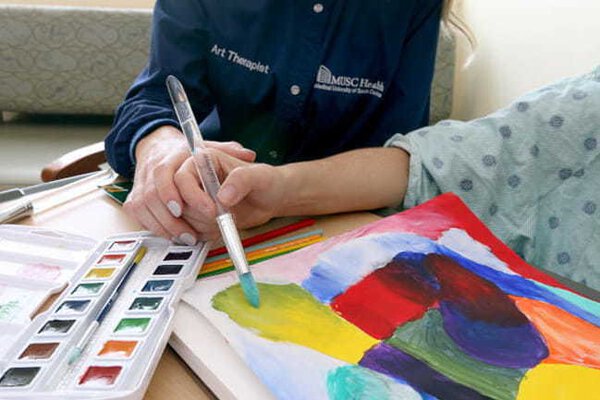 Explore art therapy and utilize the creative process to meet your goals at the wellness center where a patient and coach are using paint and a brush to explore therapy
