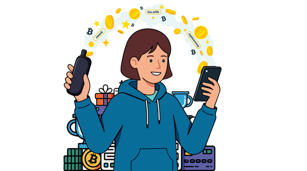Illustration. A young person stares mesmerized at a smartphone as rewards from their smart vape pile up.
