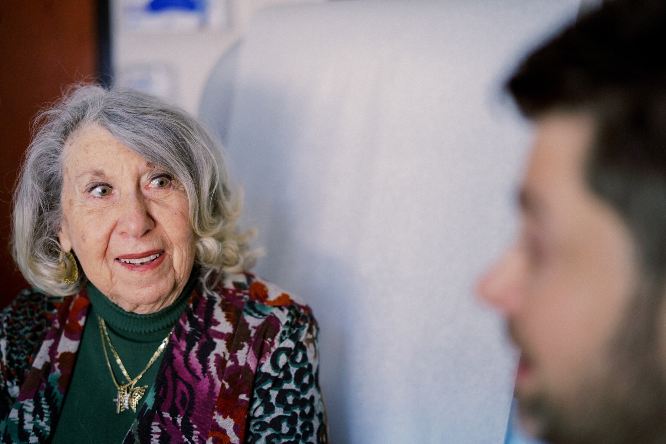 Joanne Gilmore looks at her surgeon, Dr. Jamie Wilson, during a follow up appointment.