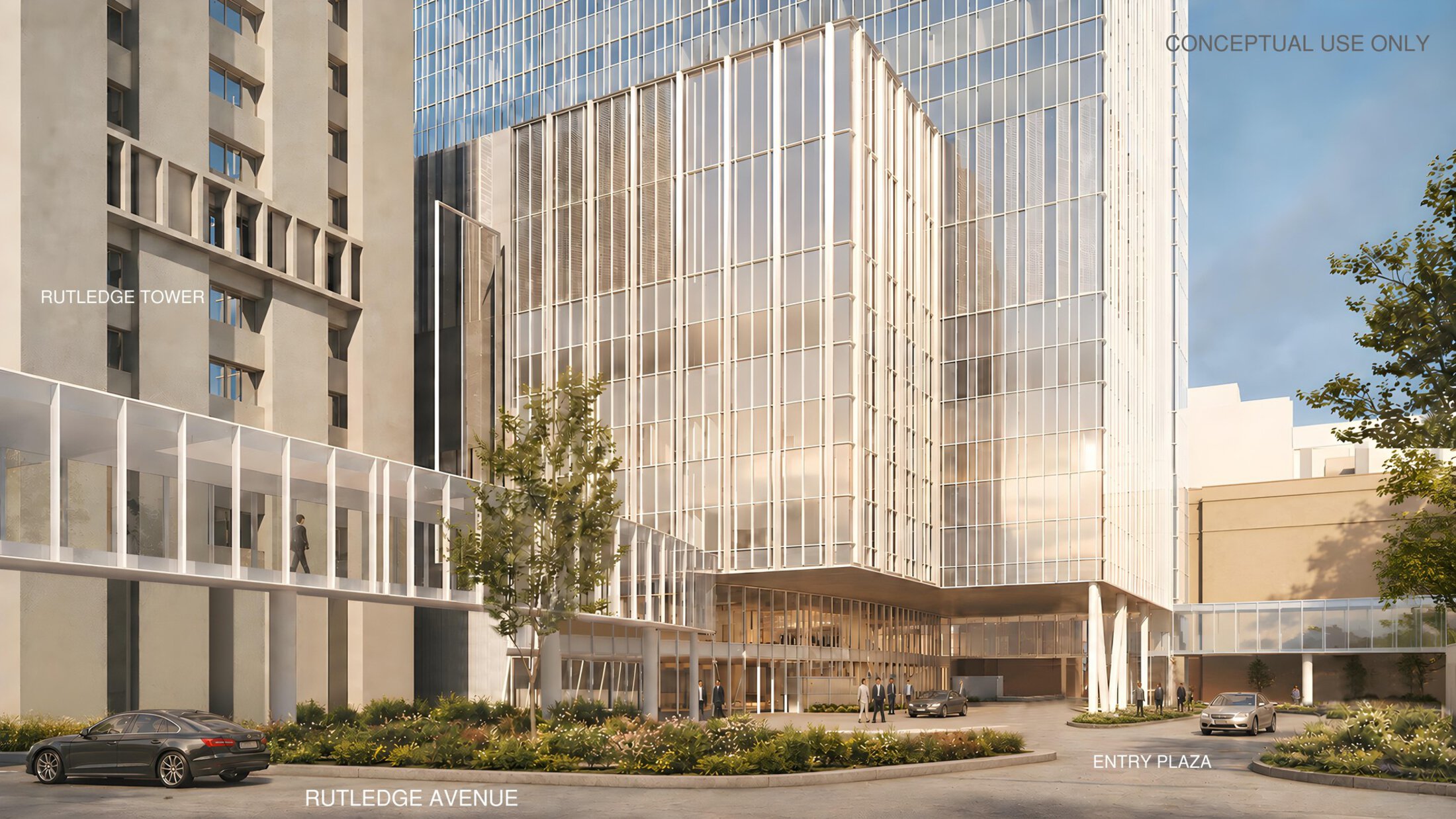 A conceptual rendering of the new cancer hospital's entry plaza on Rutledge Avenue and enclosed walkways connecting the building to surrounding MUSC buildings.