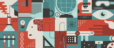 Colorful geometric Cubist style illustration of science equipment and people.