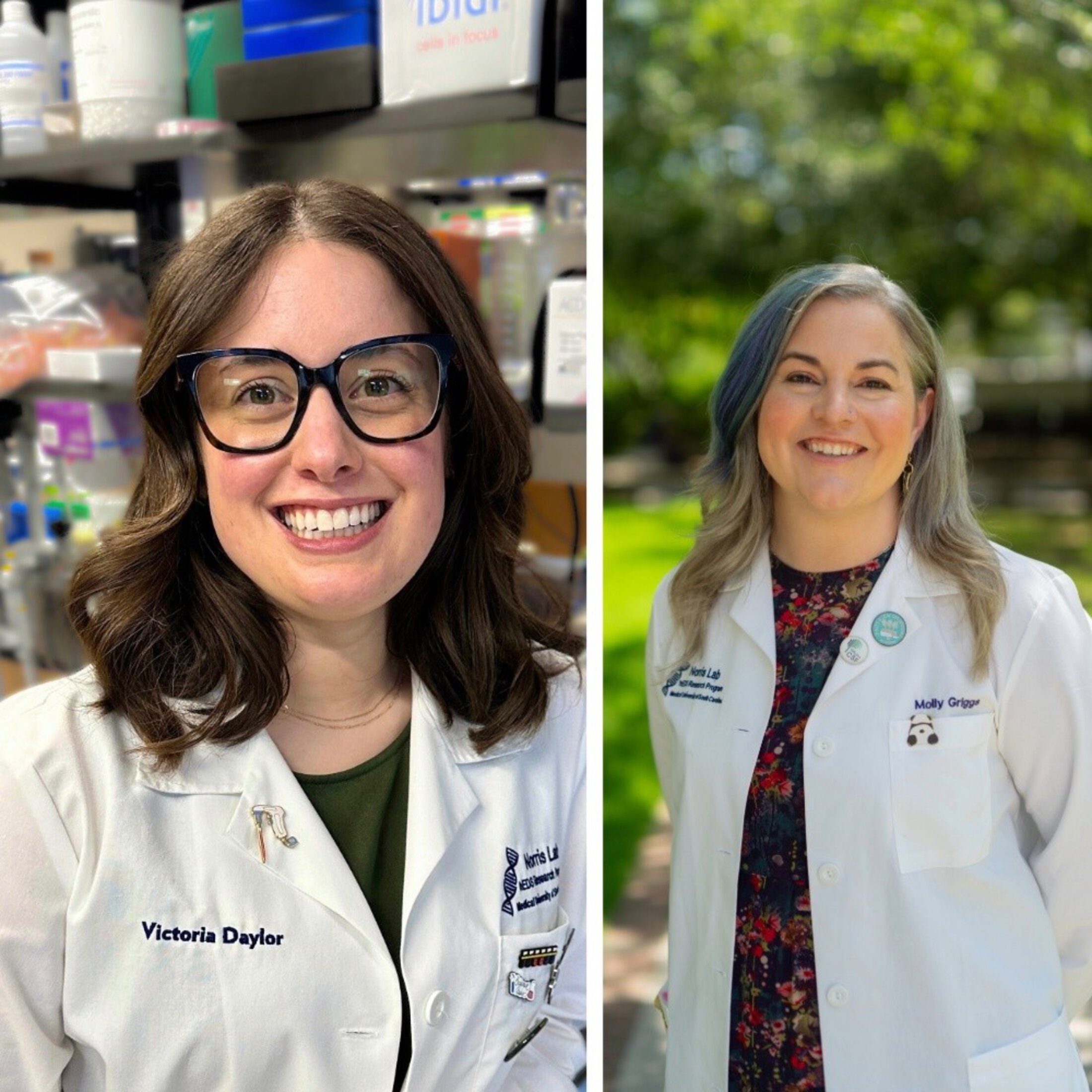 Victoria Daylor and Kellie Griggs wearing white coast in a split image