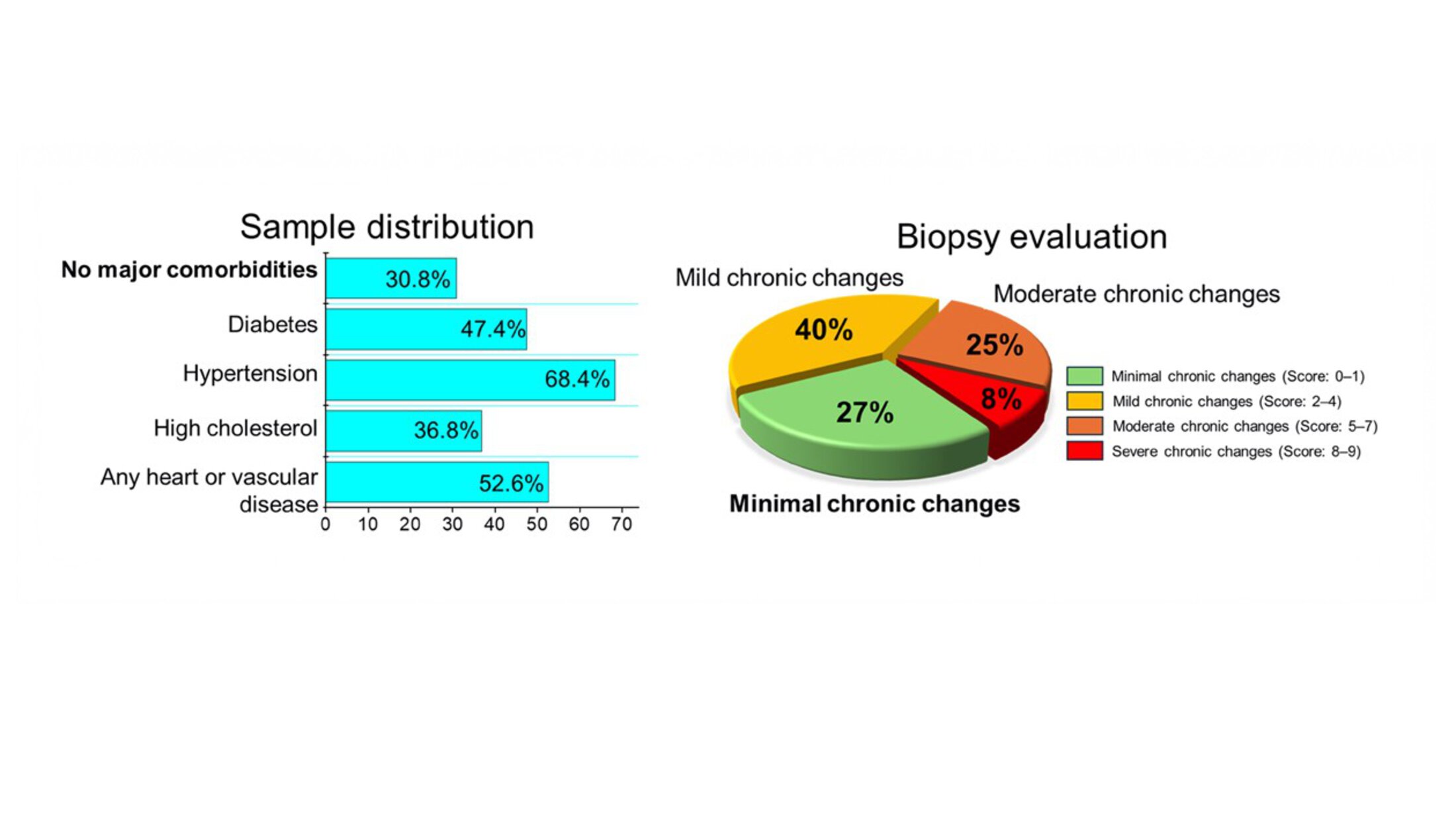 Charts summarizing Kidney Translational Research Center sample characteristics and biopsy findings. Sample distribution includes hypertension, 68.4%; heart or vascular disease, 52.6%; diabetes, 47.4%; high cholesterol, 36.8%; and no major comorbidities, 30.8%. Biopsy evaluation shows mild chronic changes in 40% of samples, minimal chronic changes in 27%, moderate chronic changes in 25%, and severe chronic changes in 8%.
