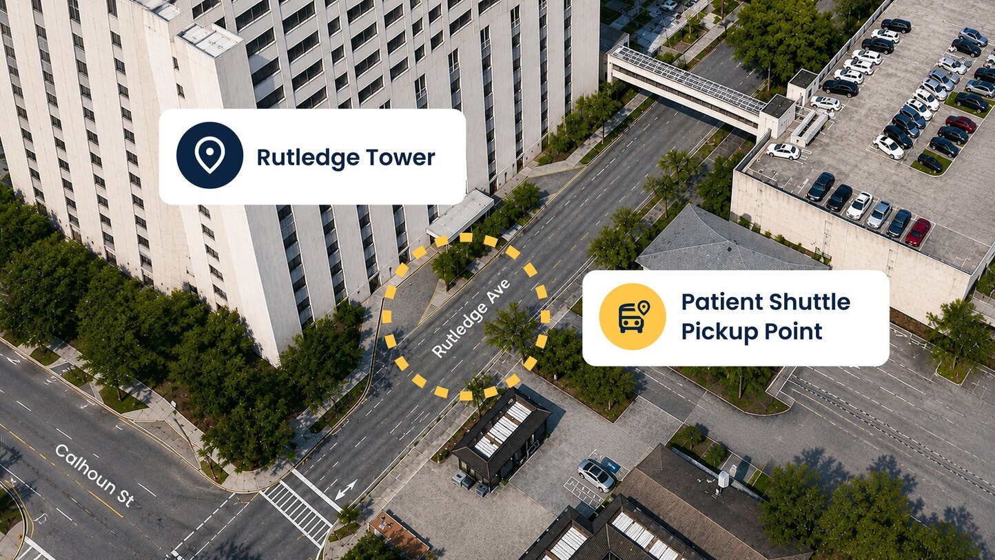 Rutledge Tower construction map of building and new Patient Shuttle Pickup Point at MUSC