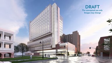 Computer rendering of new comprehensive cancer hospital also showing the surrounding buildings and intersection; Draft for conceptual use only, images may change