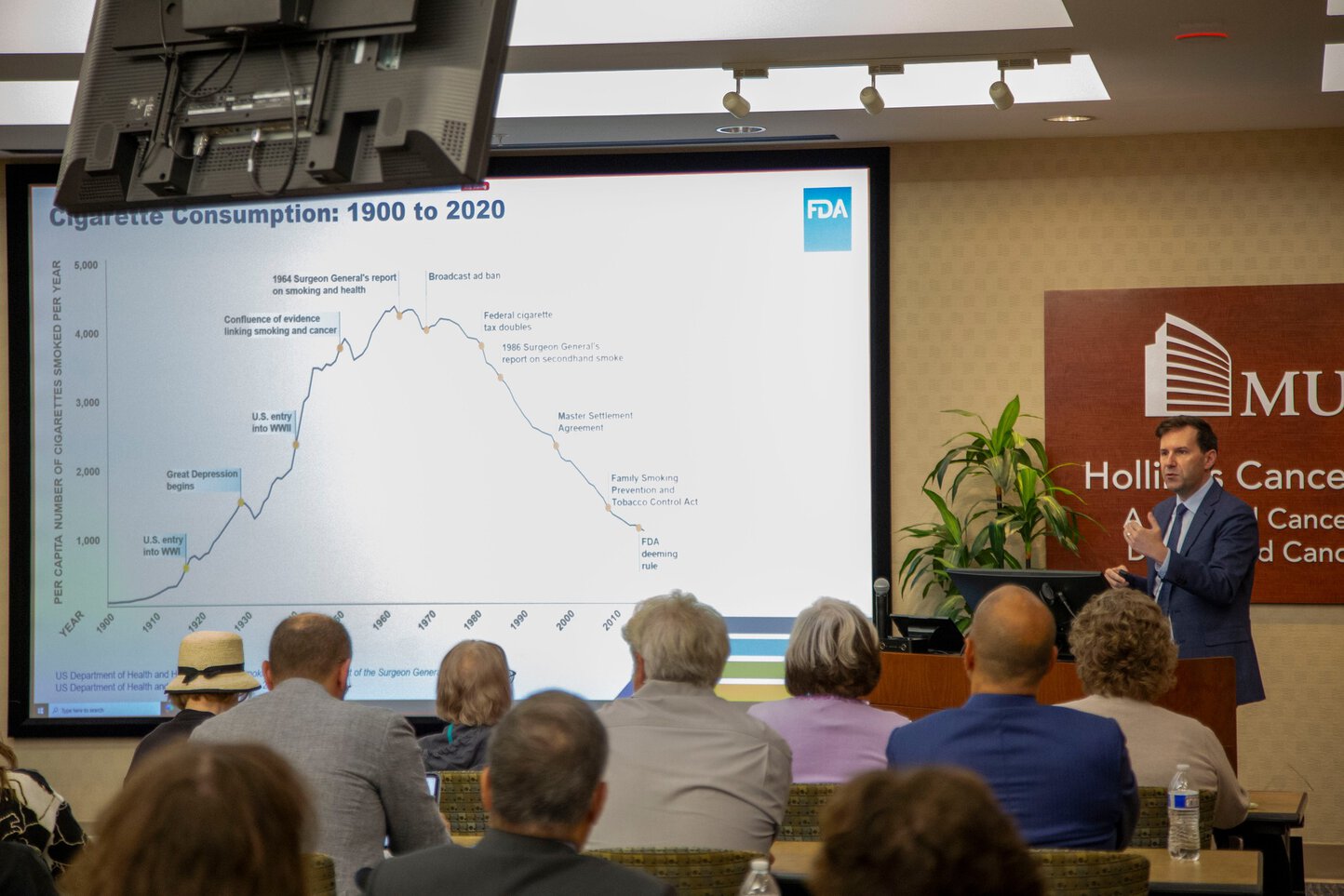 A man speaks at a podium with a large screen showing slides behind him.
