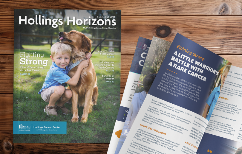 Hollings Horizons Summer/Fall 2026 magazine cover with a boy hugging a dog and text about highlighted articles with another magazine on top of it open to the story about the boy's battle with a rare cancer