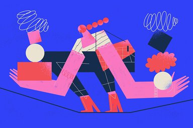 Computer illustration of a a humanesque figure on a tightrope balancing various shapes.
