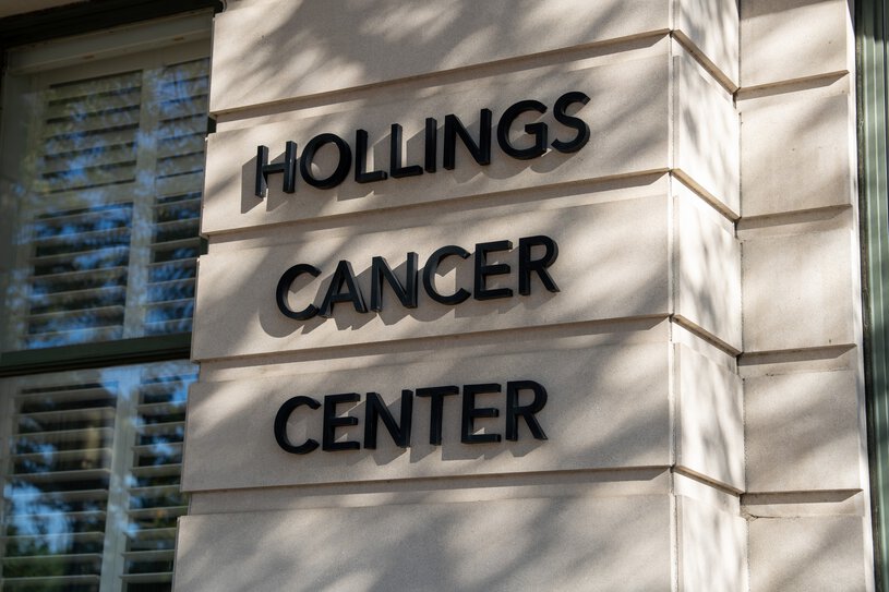 Hollings Cancer Center sign on exterior of building.