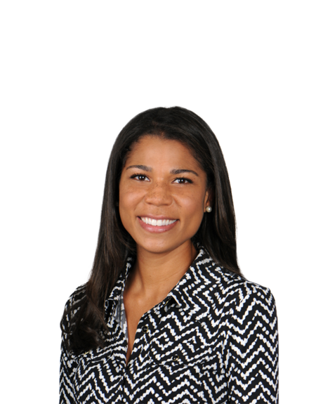 Kristen Hood Watson wearing a black and white dress