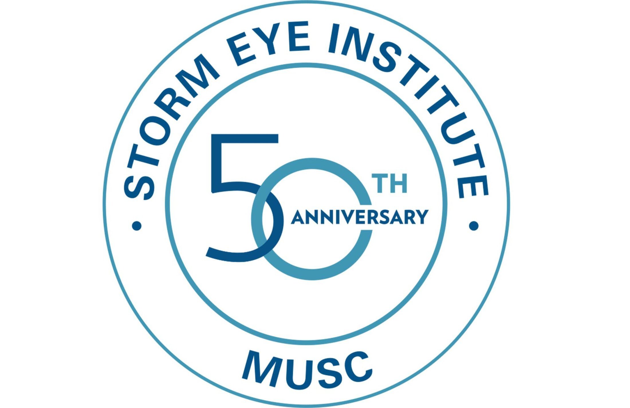 White background. Two blue circles, one inside the other. The words Storm Eye Institite. 50th anniversary. MUSC