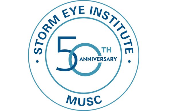 White background. Two blue circles, one inside the other. The words Storm Eye Institite. 50th anniversary. MUSC