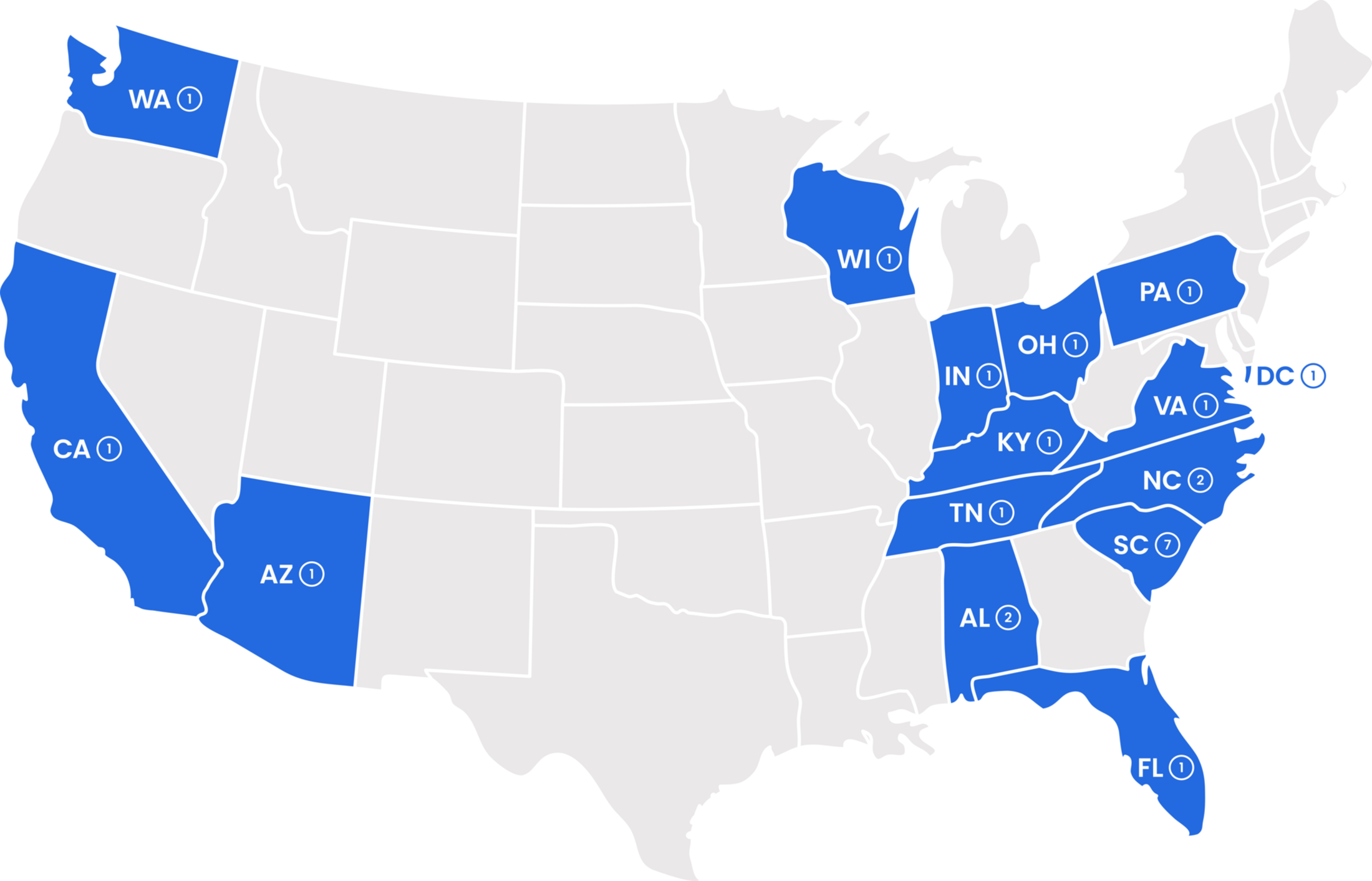 Current Residents graphic of the United States highlighting states that current residents are from