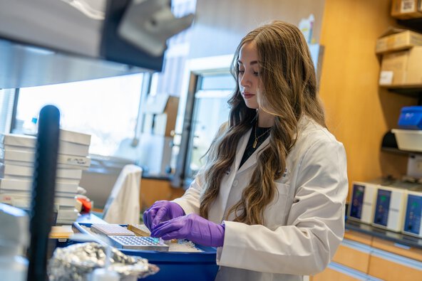 A student places test tubes in a stand in a research lab.