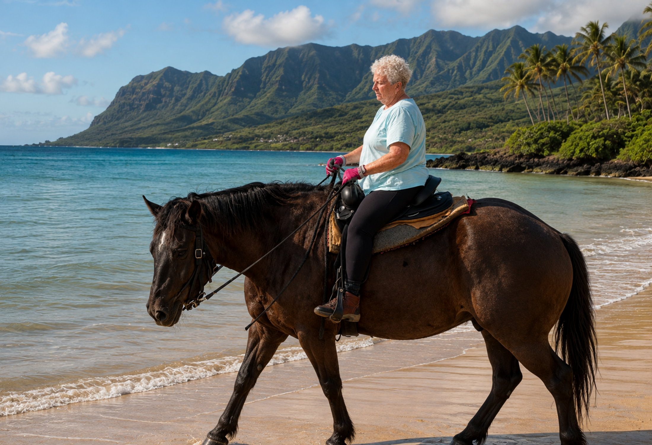 Woman with short white hair, wearing a light blue t-shirt and black pants rides a dark brown horse on a beach with palm trees and green mountains behind her.