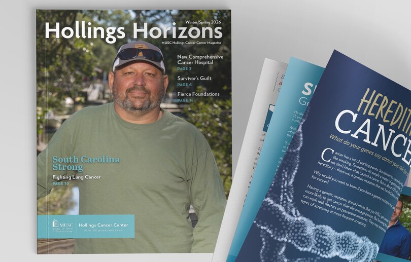 Hollings Horizons magazine cover with a man wearing a baseball hat and text about highlighted articles with another magazine on top of it open to the Hereditary cancer spread